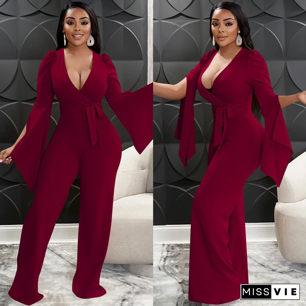 Solid Color Sexy Deep V Tie Wrinkled Wide-sleeved Trousers Jumpsuit