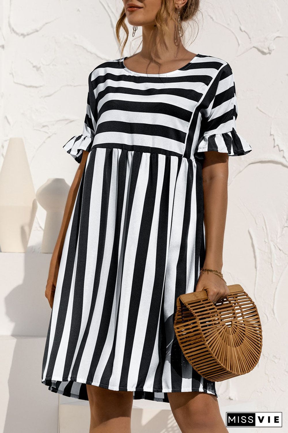 Fashion Casual Striped Split Joint O Neck A Line Dresses