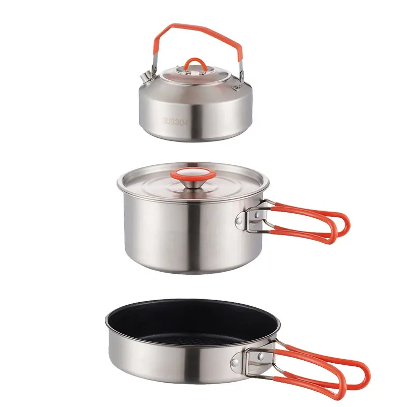 Camping Equipment Camp Hiking Cookwar Stainless Steel Stackable Kettle Pot Non Stick fry Pans Set Fordable Silicone Handle