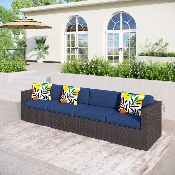 4Piece Patio Outdoor Furniture Sectional Sofa Set AllWeather Wicker Rattan with Navy Blue Cushions