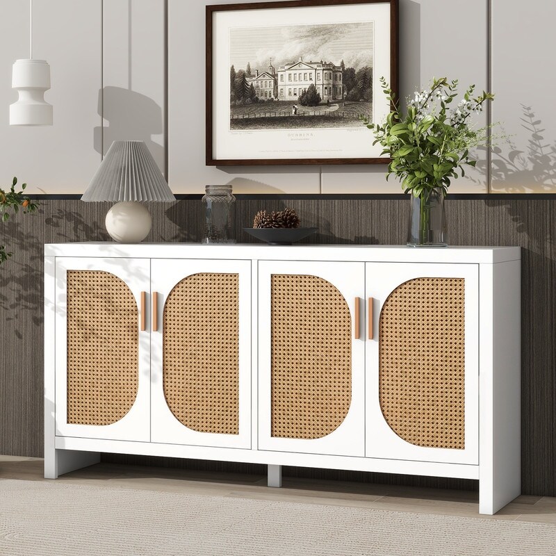 Modern TV Stand with Rattan Doors and Adjustable Shelves  Entertainment Center Media Console Table Storage Sideboard Cabinet