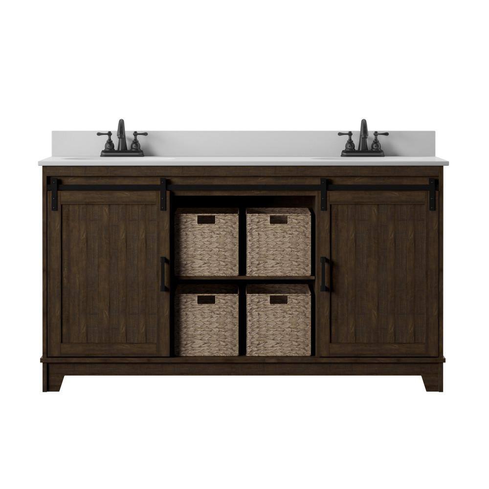 Twin Star Home 60 in.W x 22 in. D x 37.88 in. H Double Sink Bath Vanity in Saw Cut Espresso with White Marble Top and Sliding Barn Door 60BV34004-PD01