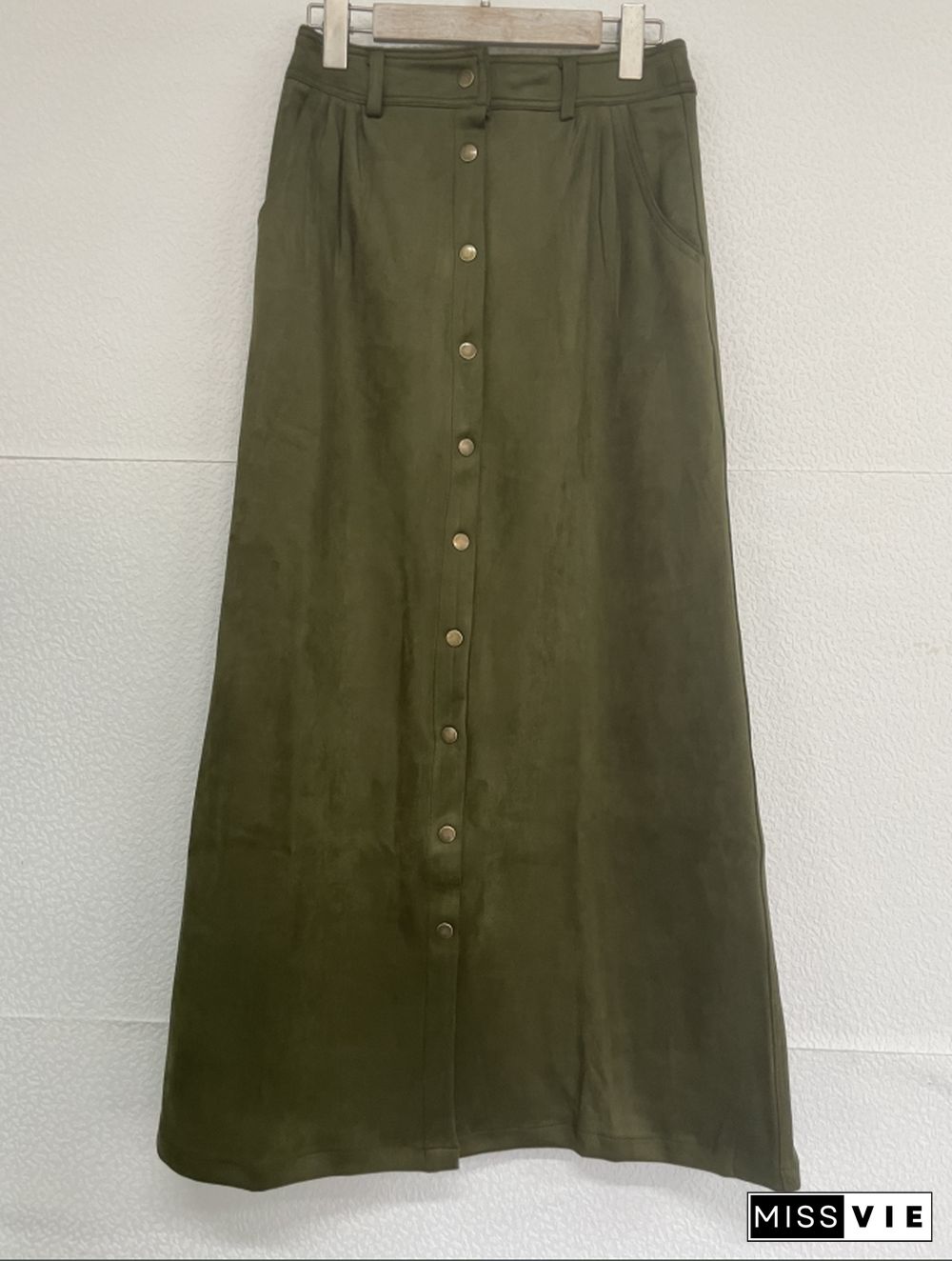 Plain Snap Button Long Length Suede Skirts