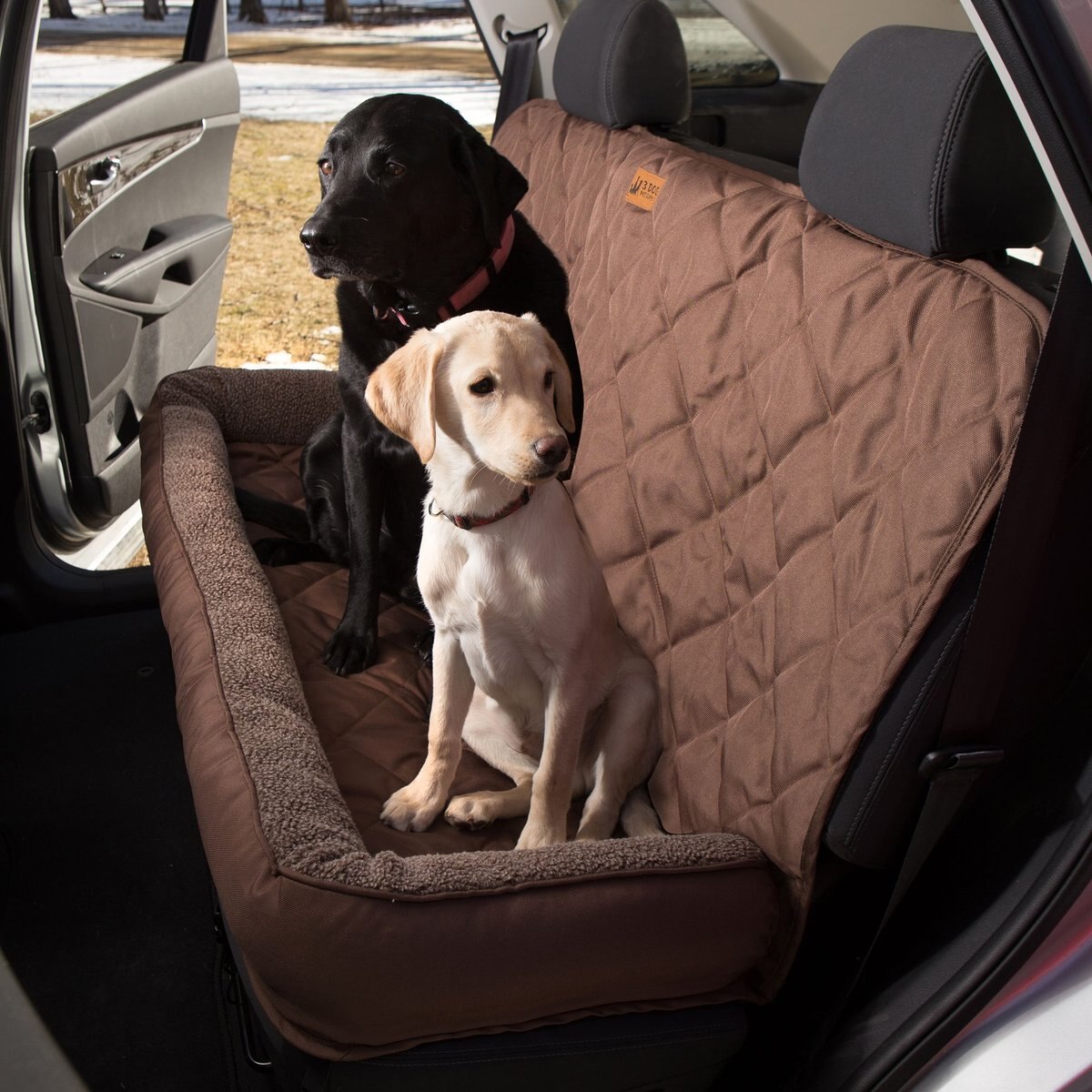 3 Dog Pet Supply Car Seat Protector with Fleece Bolster， Large， Chocolate