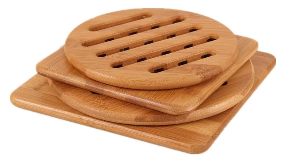 Natural Bamboo Trivet Mat Set， Kitchen Wood Hot Pads Trivet， Heat Resistant Pads for Hot Dishes/Pot/Bowl/Teapot/Hot Pot Holders， Anti-Hot Non-Slip Durable，Square and Round (Pack of 4)