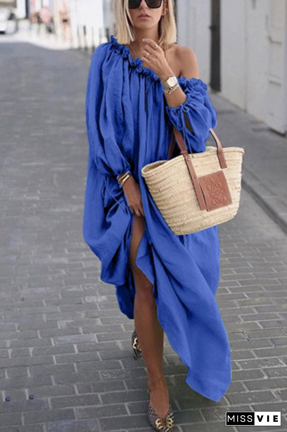 Casual Solid Color One Shoulder Loose Dress