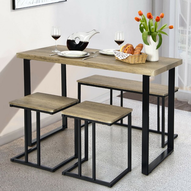 Costway 4 piece Dining Table Set Industrial Dinette Set Kitchen Table W bench amp 2 Stools