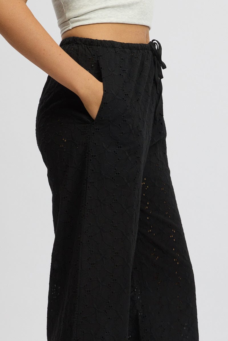 Black Wide Leg Pants High Rise Eyelet Fabric