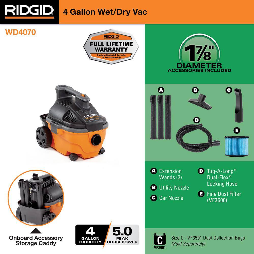 RIDGID 4 Gallon 5.0 Peak HP Portable WetDry Shop Vacuum with Fine Dust Filter Locking Hose and Accessories WD4070