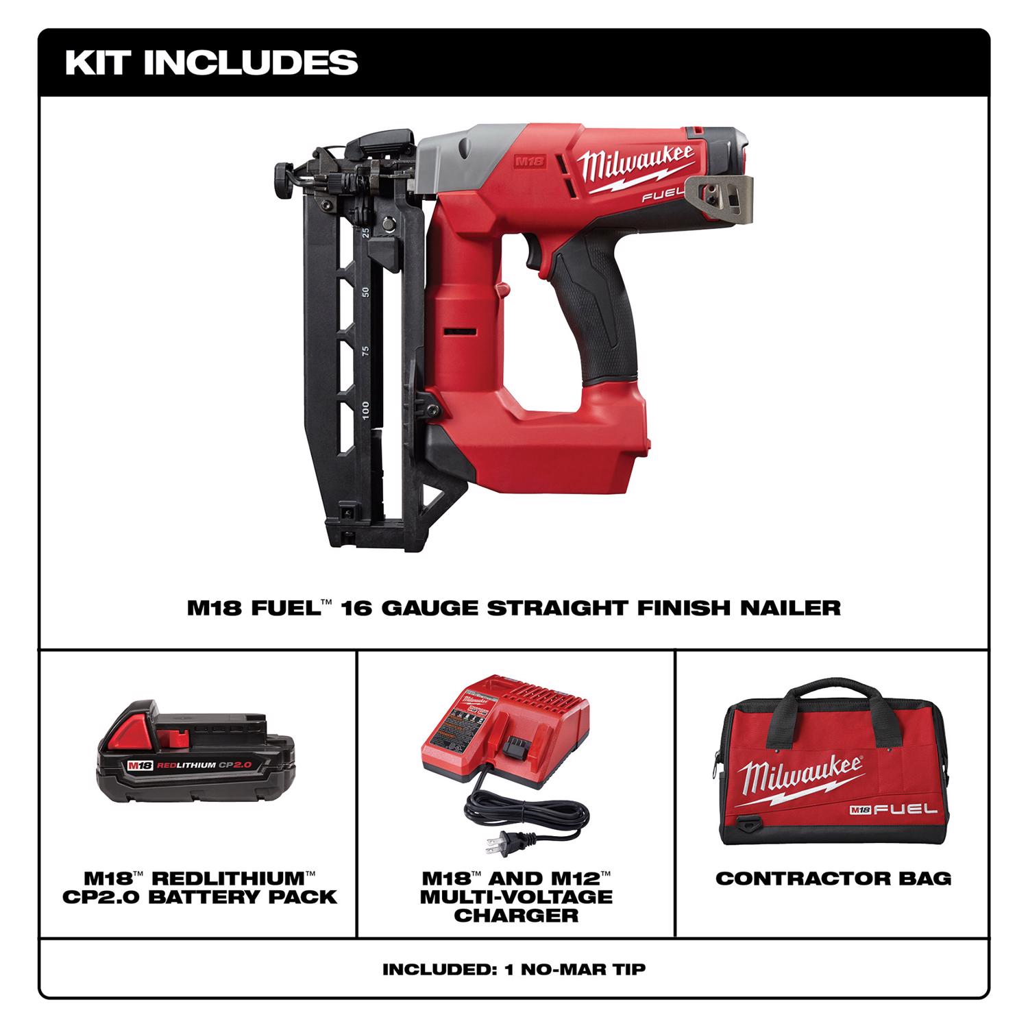 MW M18 Fuel 16 Ga. Cordless 90 deg Finish Nailer Kit (Battery \u0026 Charger) 18 V