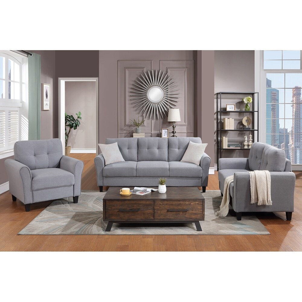 Button Tufted Linen Sofa Set with High Resilience Foam Cushions