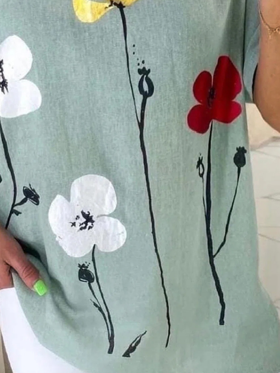 Cotton Linen Floral Print Short Sleeve Shirt