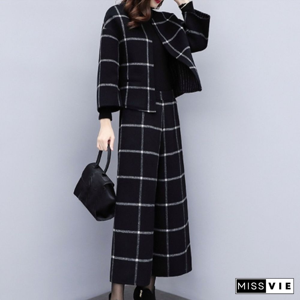 Autumn Winter Black Woolen Plaid Two Piece Sets Outfits Women Short Jacket Coat Wide Leg Pants Suits Elegant Fashion Office Sets