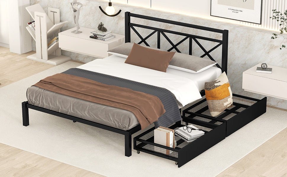 Metal Queen Size Platform Bed with Two Drawers for Living Room, Black