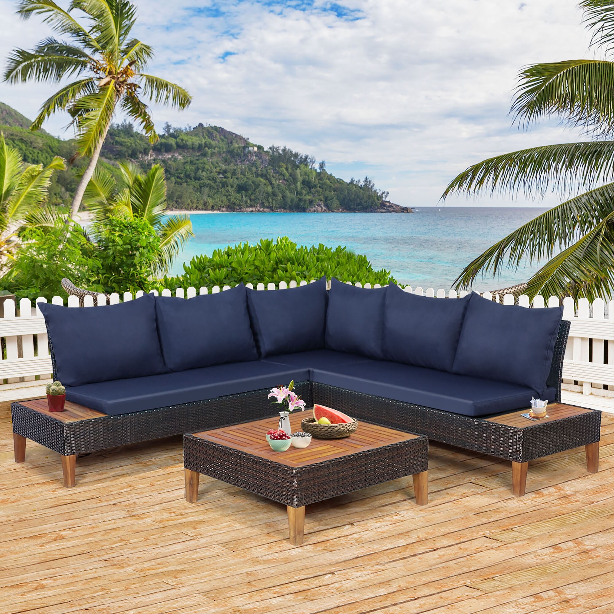 4 PCS Wood Patio Furniture Set Outdoor Rattan Sectional Sofa Set - Overstock - 35739951