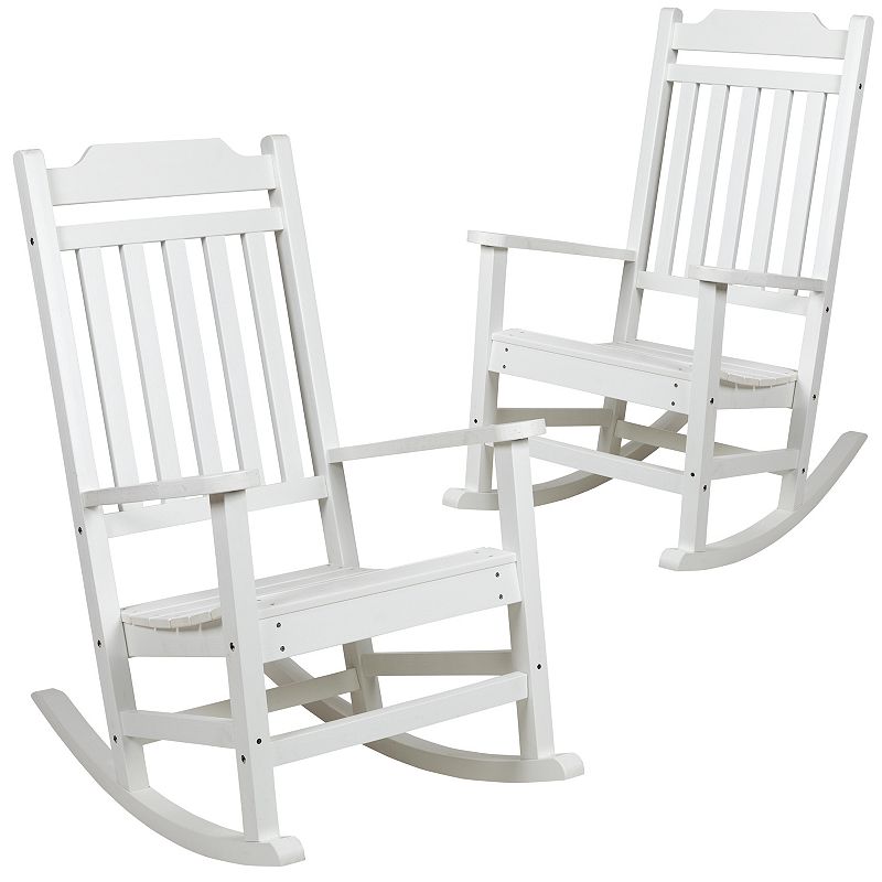 Emma and Oliver Set of 2 All-Weather Poly Resin Faux Wood Rocking Chairs for Porch andPatio