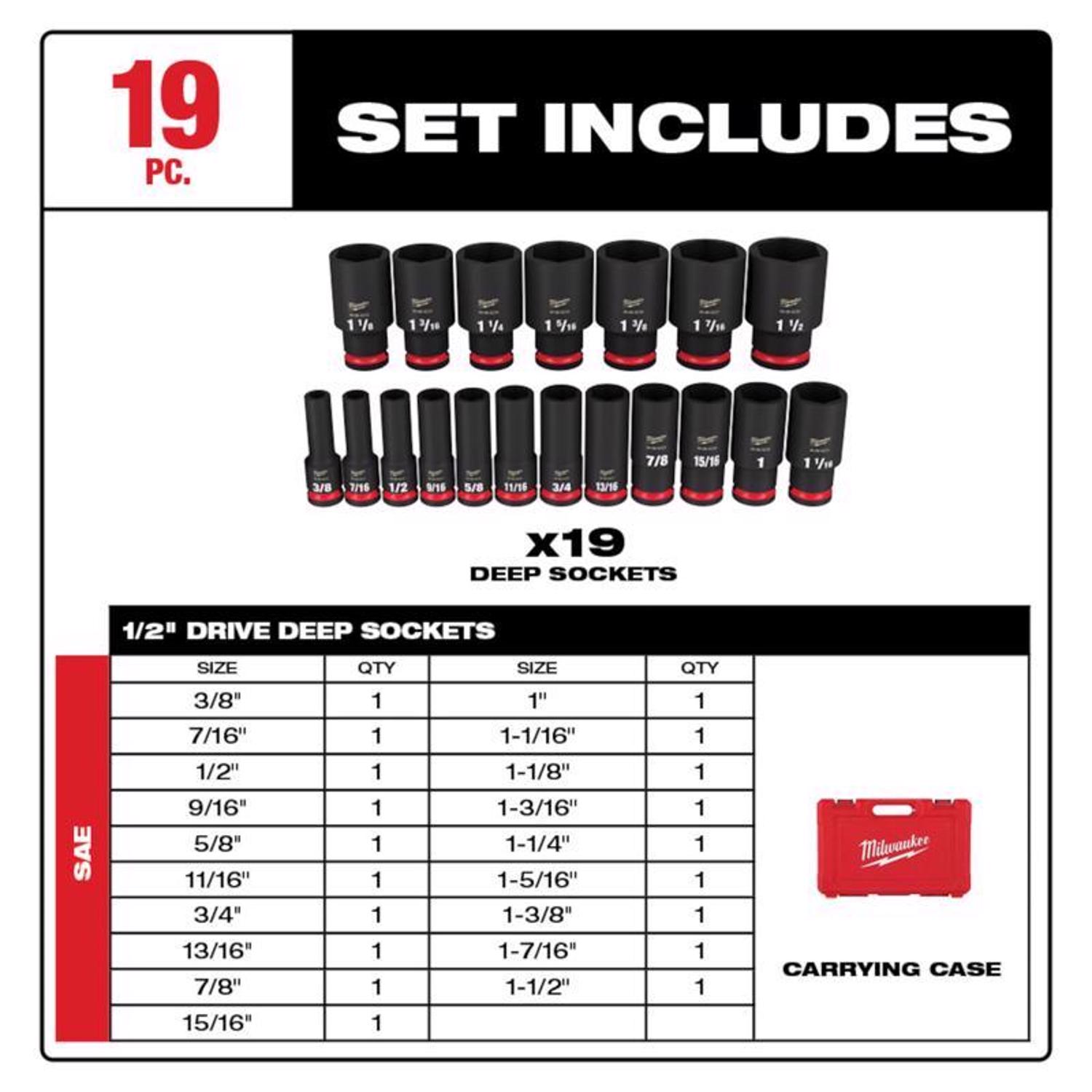 MW ShockWave 1/2 in. drive SAE 6 Point Deep Impact Rated Socket Set 19 pc