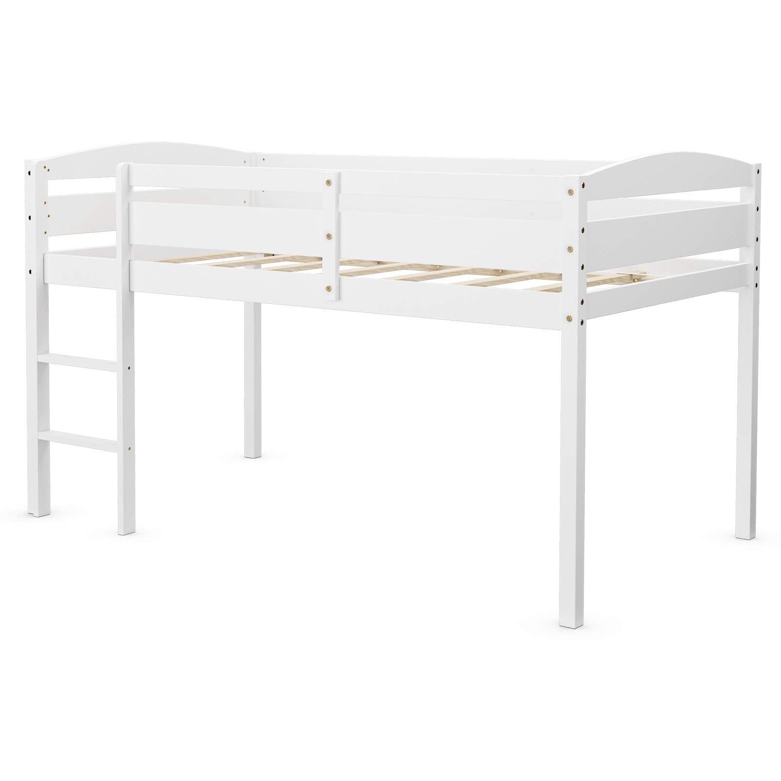 Costzon Loft Bed Twin, Classic Wood Low Loft Bed w/Guard Rail & Ladder, Kids Loft Bed for Boys