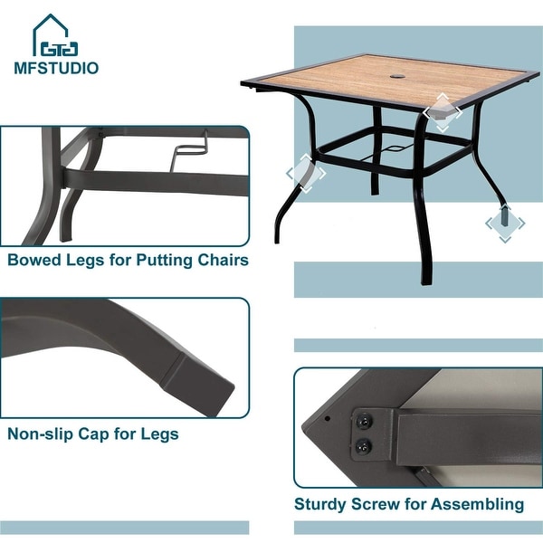 MAISON ARTS 5 Pieces Patio Dining Set with 4 Metal Stackable Chairs and 1 Square Table with WoodLike PVC Top and Umbrella Hole