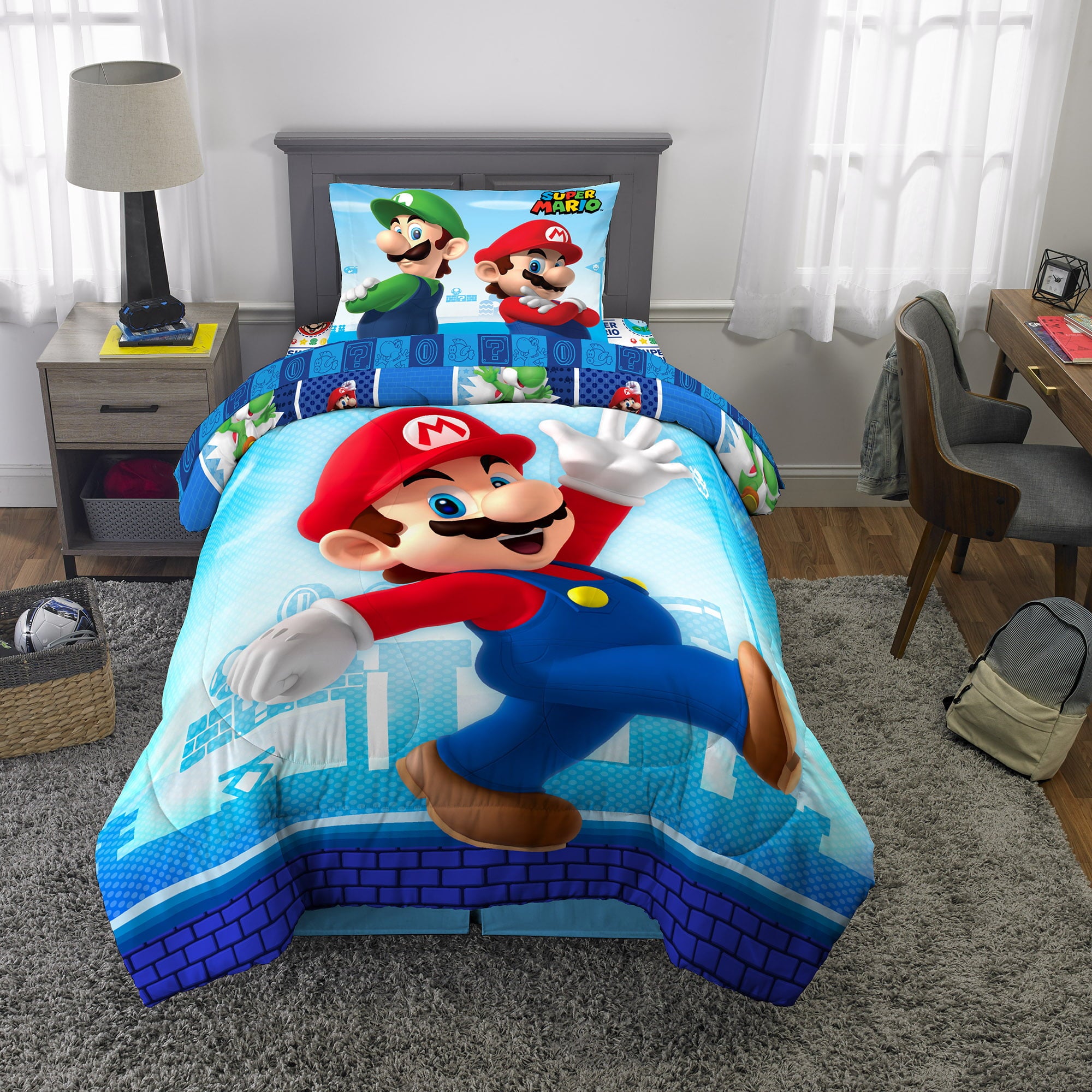 Super Mario Kids Twin Comforter and Sham， 2-Piece Set， Gaming Bedding， Reversible， Blue