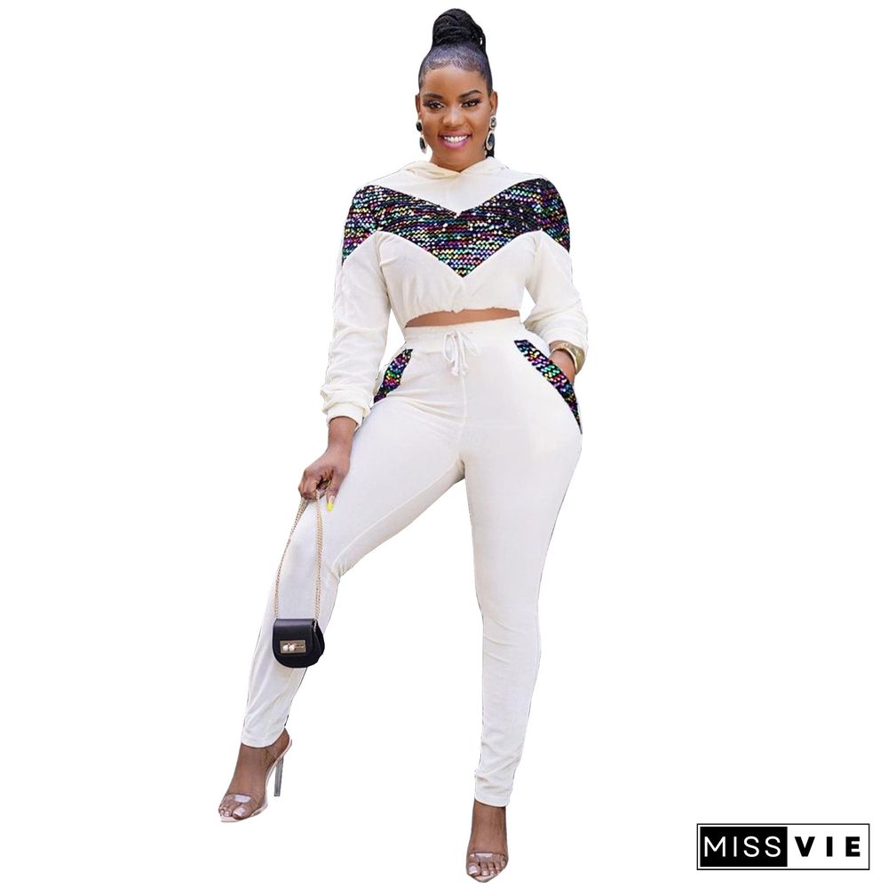 Sequin Long Sleeve Crop Top Drawstring Pants Set