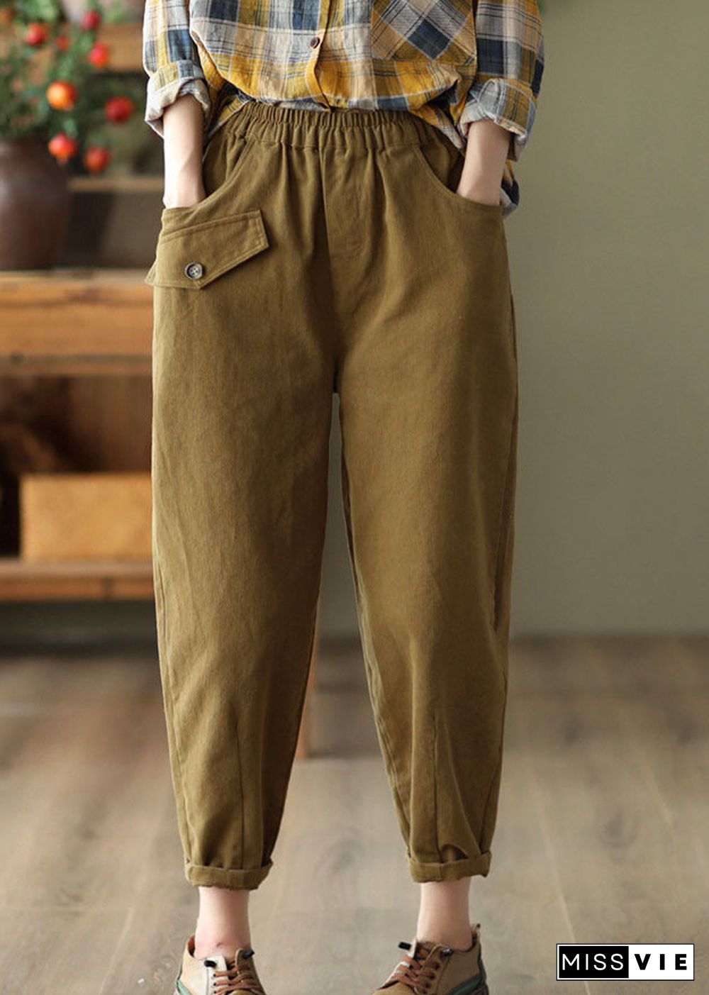 Khaki Slim Fit Cotton Harem Pants High Waist Pockets Fall