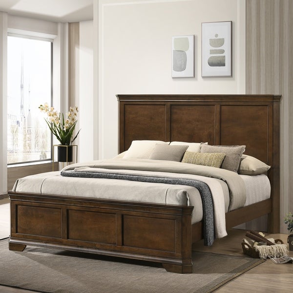 Roundhill Furniture Maderne Traditional Wood Panel Bed with Dresser， Mirror， Two Nightstands， Antique Walnut Finish - - 36258560