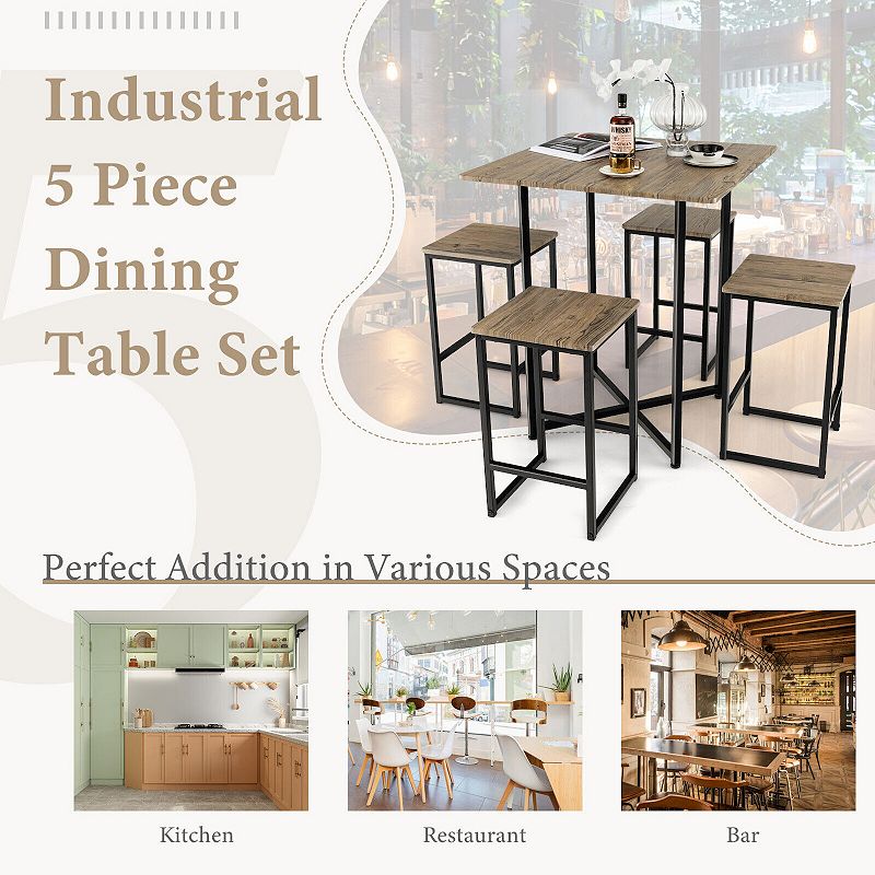 5 Piece Square Space-saving Dining Table Set with 4 Stools