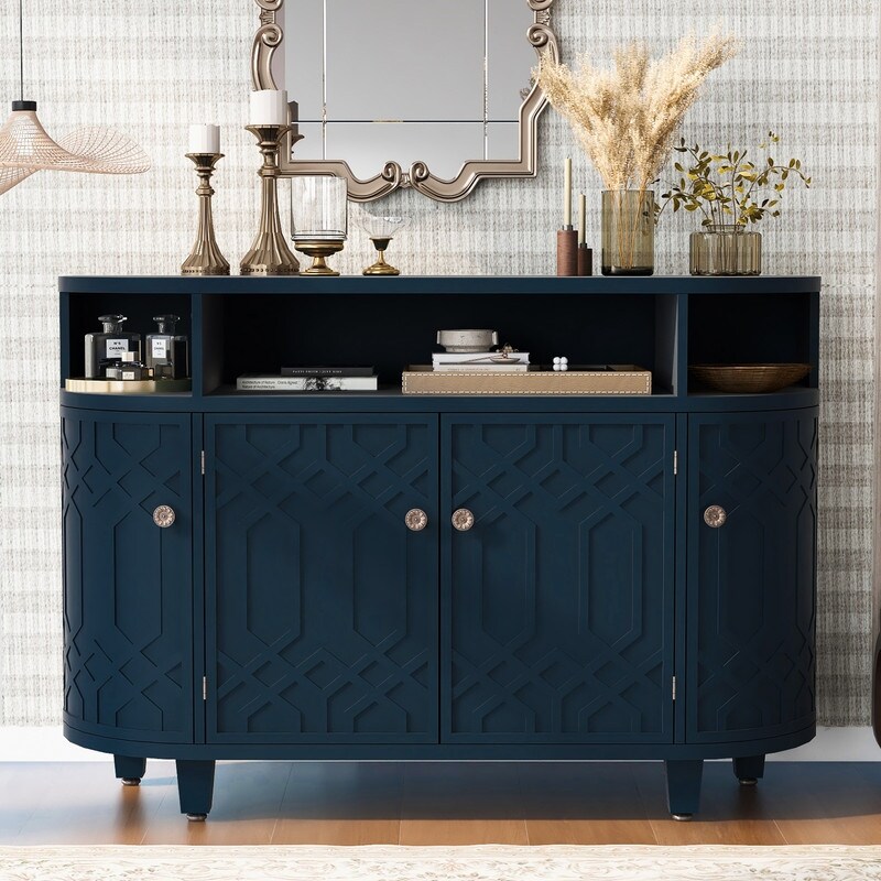 Unique Curved Design Storage Cabinet  Modern 4 Doors and Adjustable Shelves Buffet Sideboard Cabinet  Display Cabinet