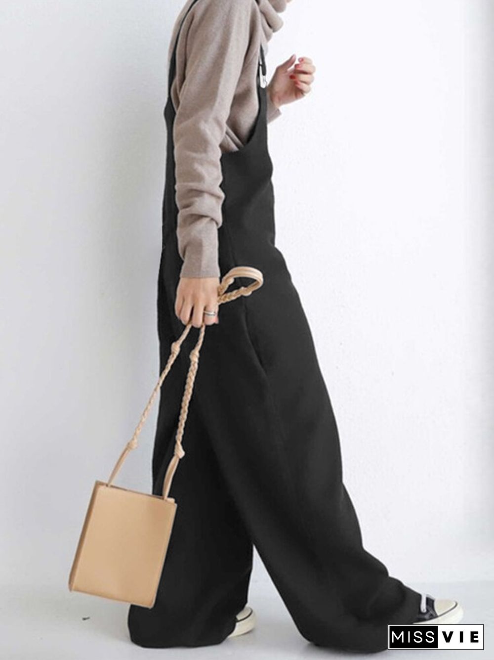 Solid Pocket Adjustable Strap Loose Wide Leg Jumpsuit Women