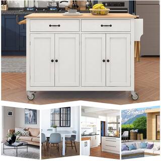 54.3 in. L x 18.5 in. W x 36.22 in. H White Kitchen Island Cart with Solid Wood Top and Locking Wheels WFAAW286wy