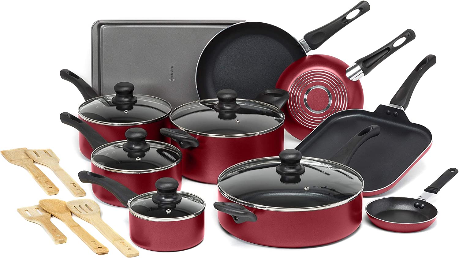 Ecolution Easy Clean Nonstick Cookware Set， Features Kitchen Essentials， Bamboo Cooking Utensils Set， Made without PFOA， Dishwasher Safe， 20-Piece， Red