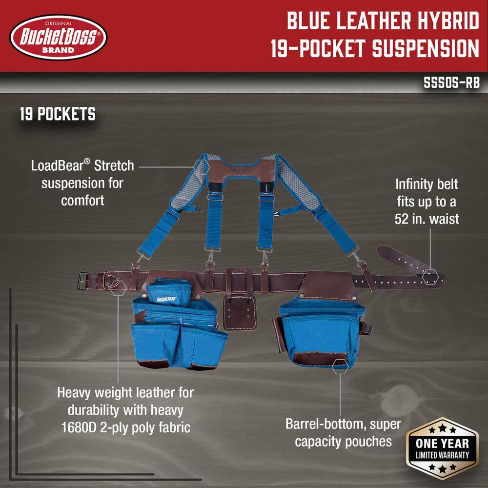 BUCKET BOSS 2-Bag Hybrid Suspension Rig Work Tool Belt with Suspenders in Blue 55505-RB