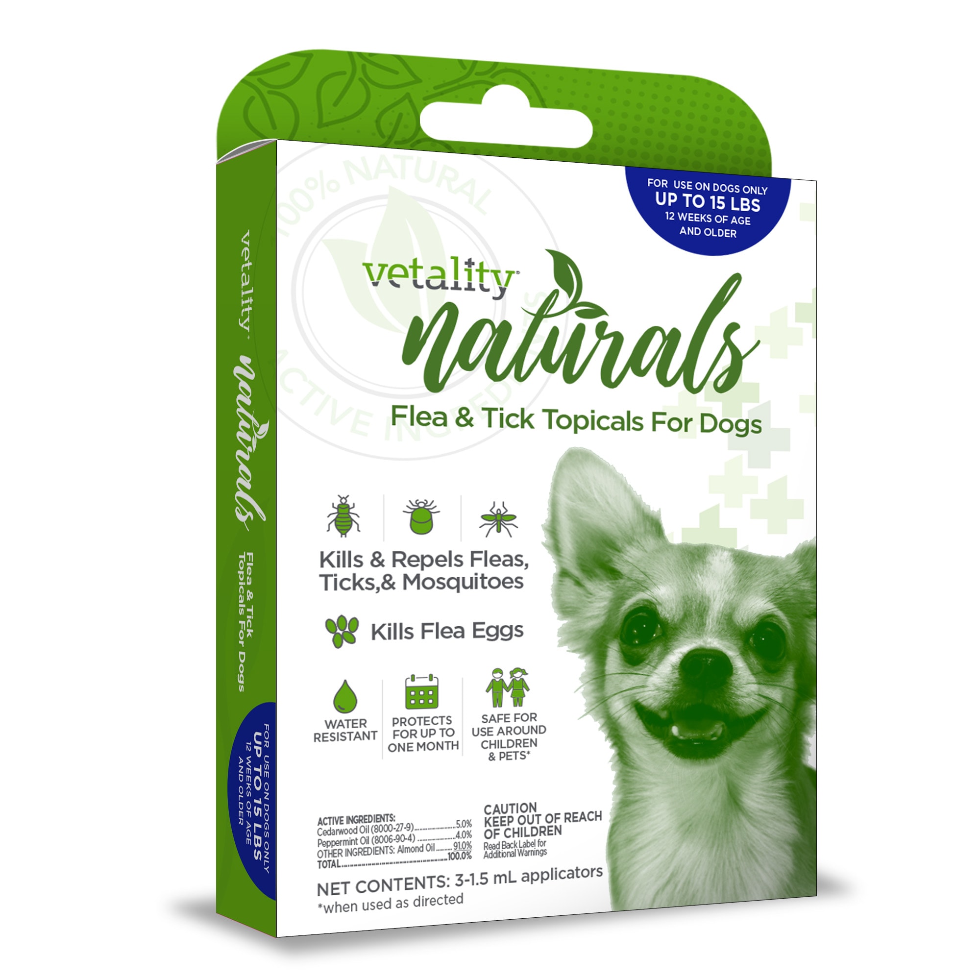 VETALITY Naturals Flea amp; Tick Topicals for Dogs Up to 15 lbs.， 3 Dose