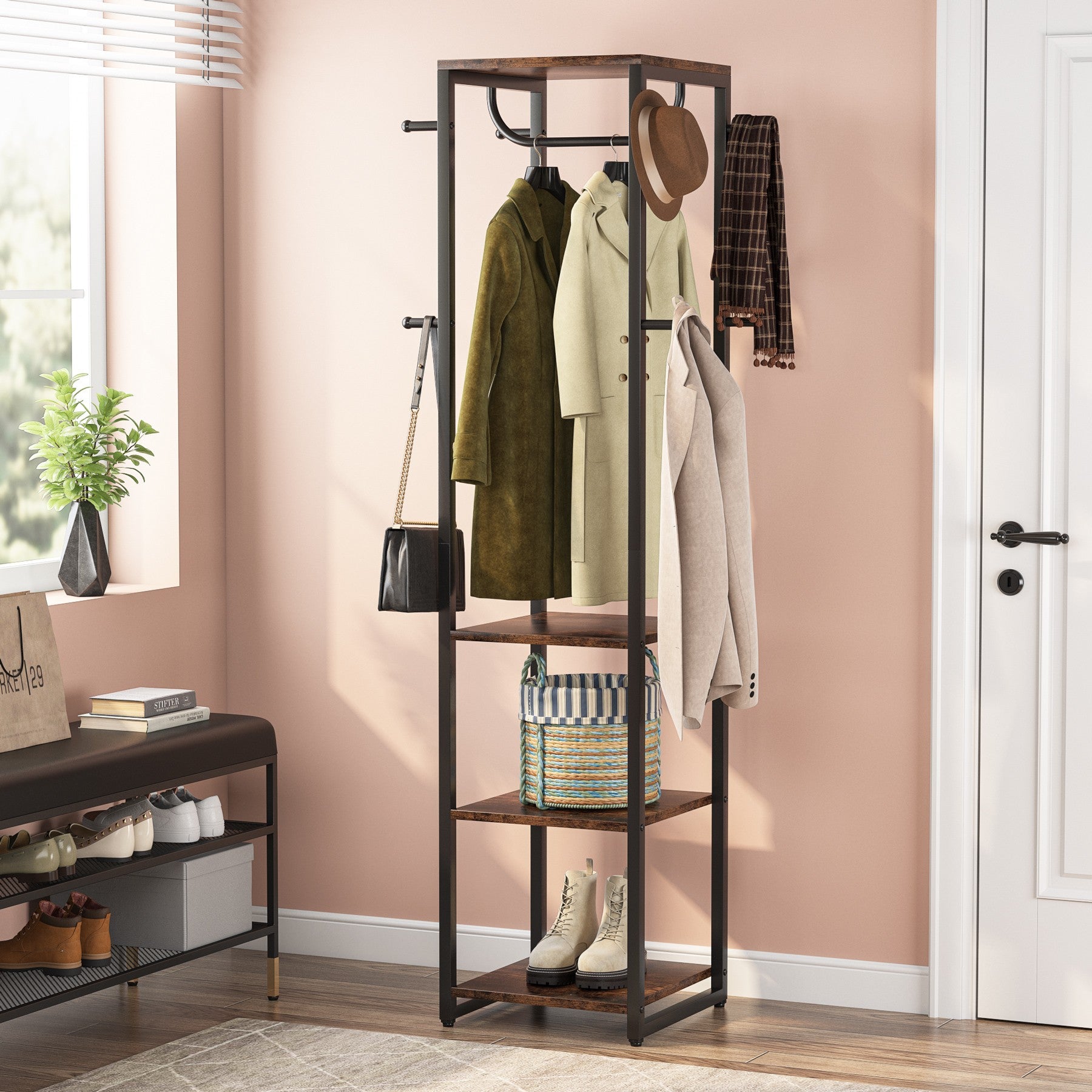 Freestanding Coat Rack, Industrial Corner Hall Tree with 4 Shelves 8 Hooks