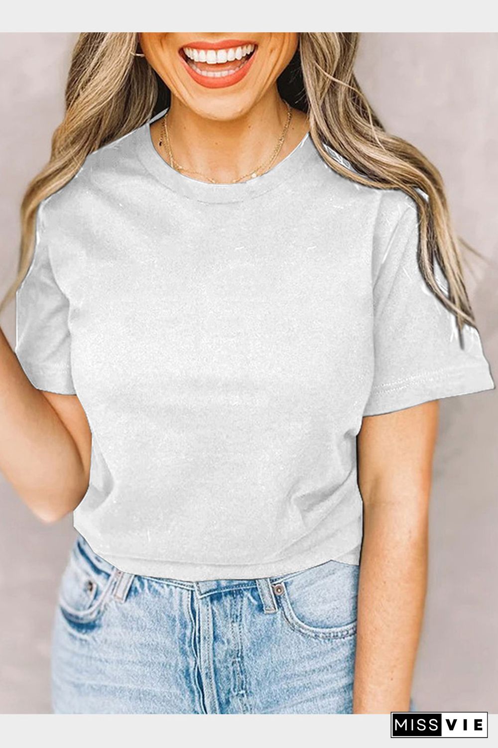 White Solid Color Crew Neck Short Sleeve Tee