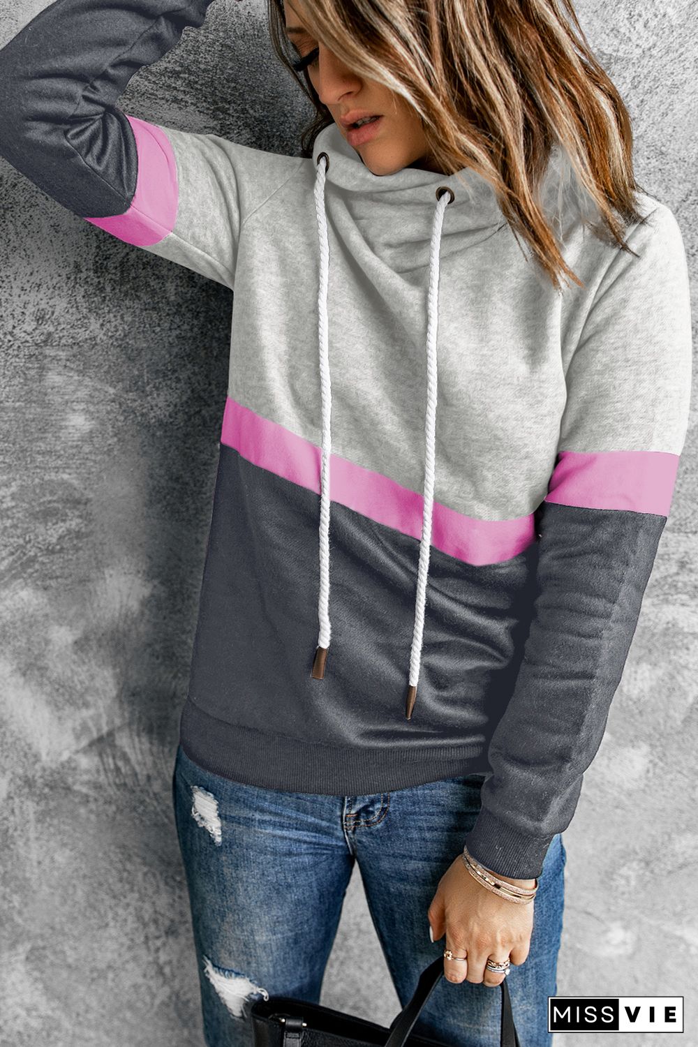 Gray Drawstring Cowl Neck Colorblock Hoodie