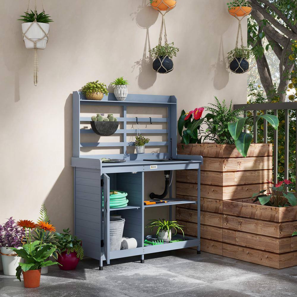 Zeus  Ruta 57.5 in. H x 44 in. W x 17.75 in. D Gray Wooden Garden Potting Bench Table with Storage Cabinet Storage Shelves Sink WQD28-300