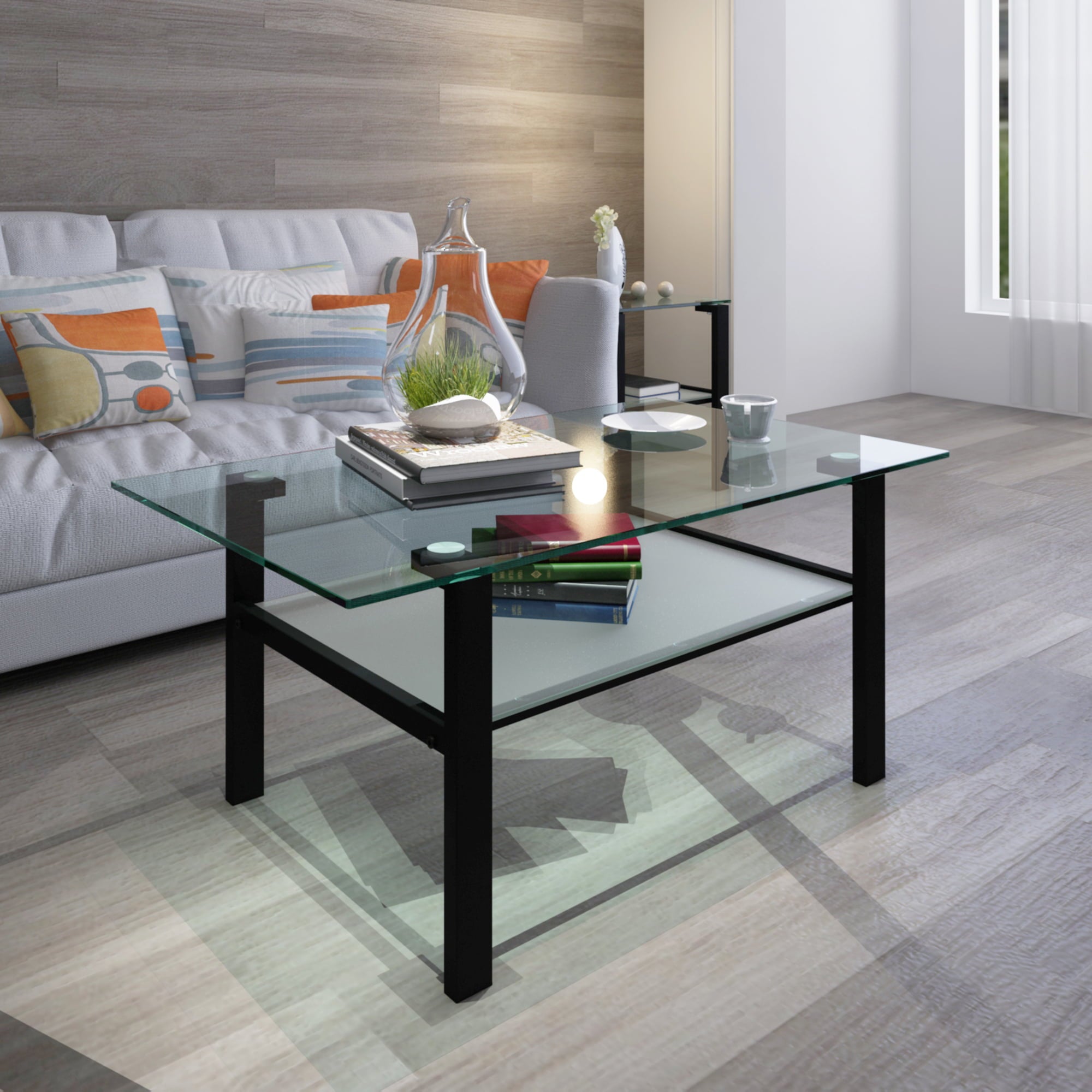 Rectangle Glass Coffee Table, 2-Tier Modern Tea Table, Side Center Tables for Living Room Transparent Center Glass Coffee Table with Black Metal Leg