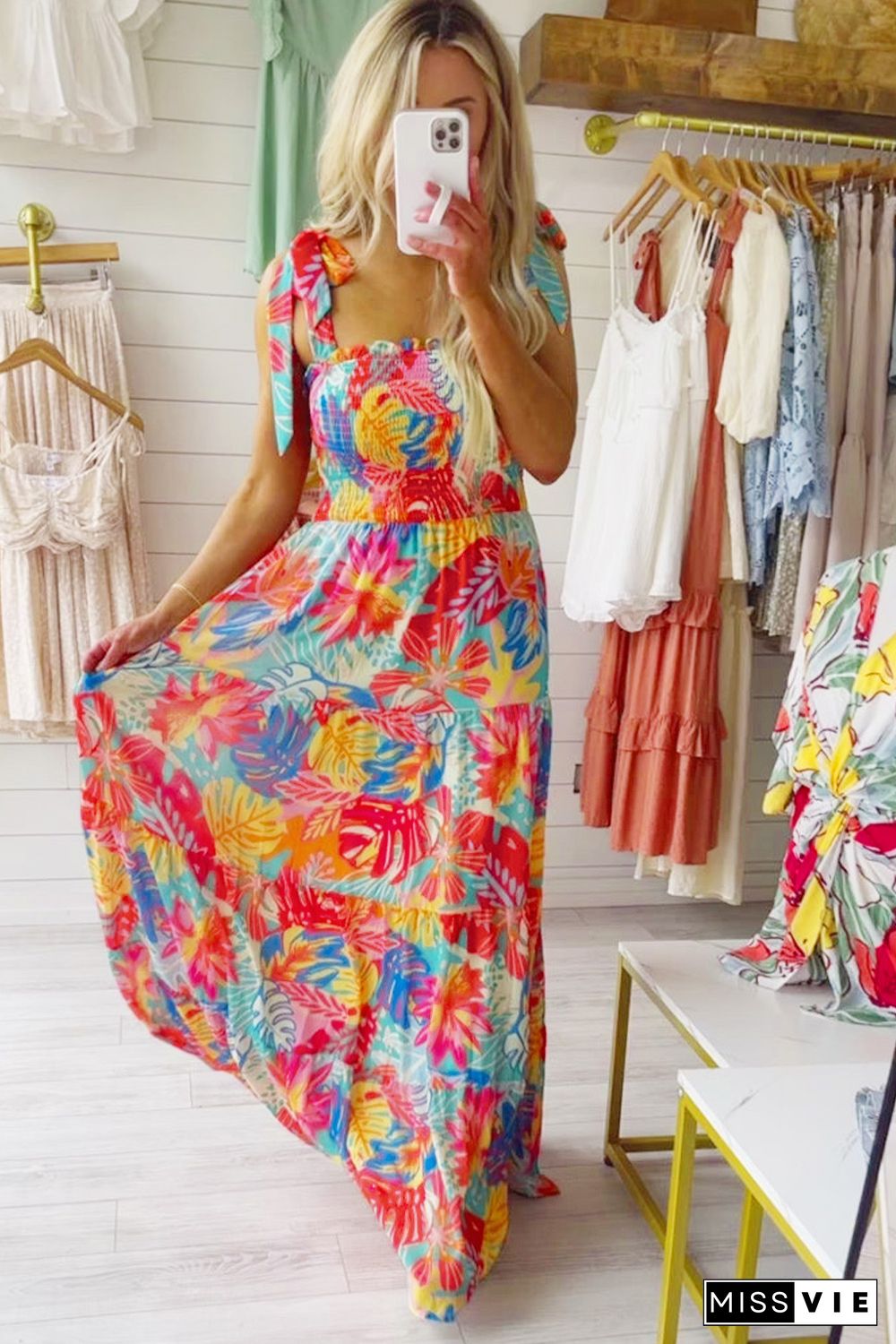 Multicolor Vibrant Tropical Print Smocked Ruffle Tiered Maxi Dress