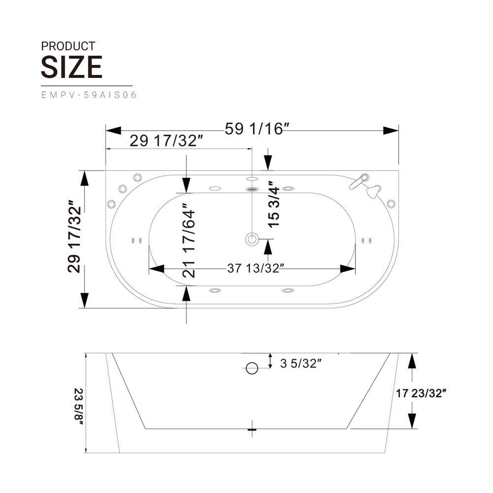 Empava 59 in. Center Drain Acrylic Freestanding Flatbottom Whirlpool Bathtub in White with Faucet - Water Jets EMP-59AIS06