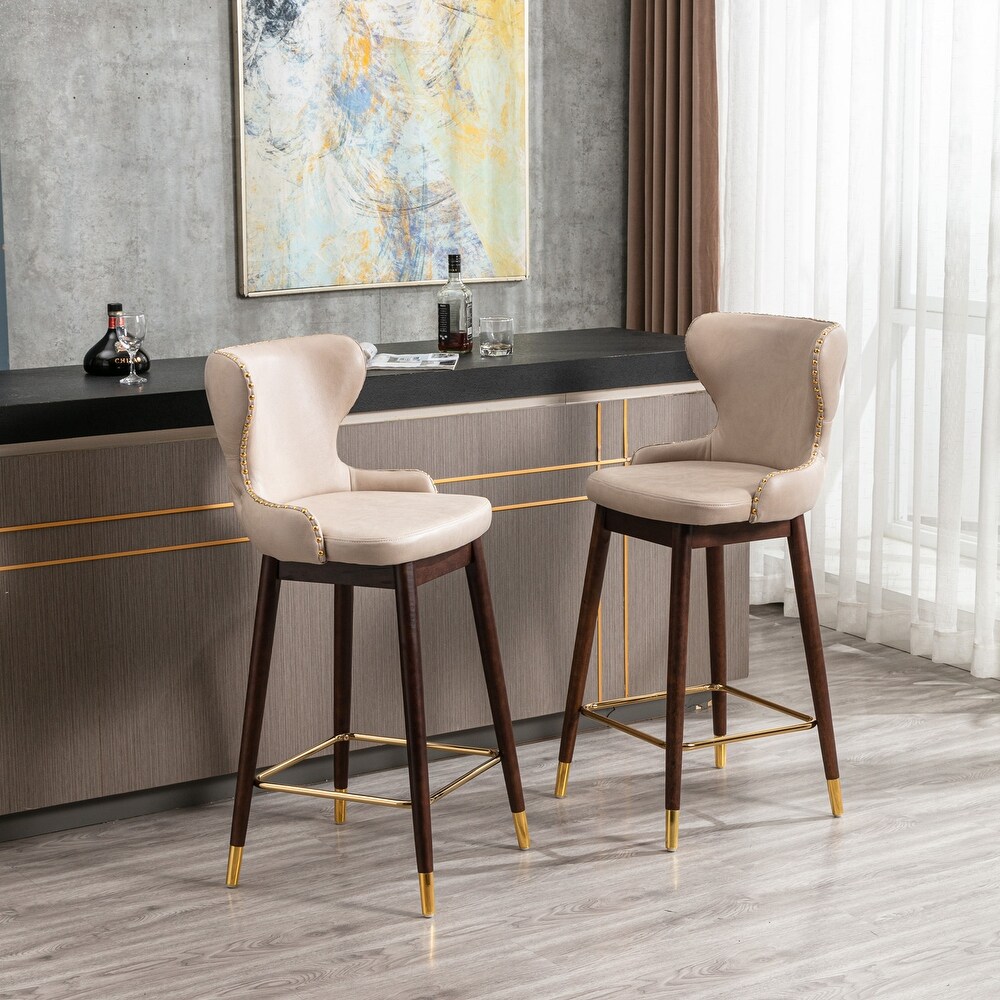 Modern Leather Fabric Bar Stool with Gold Nailheads   Solid Wood Legs  Set of 2