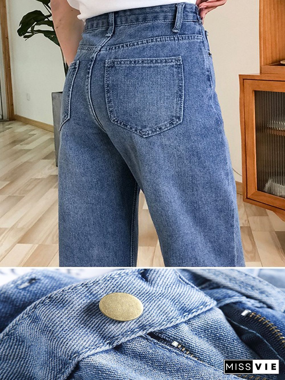 Vintage Solid Pockets Plus Size Casual Denim Pants