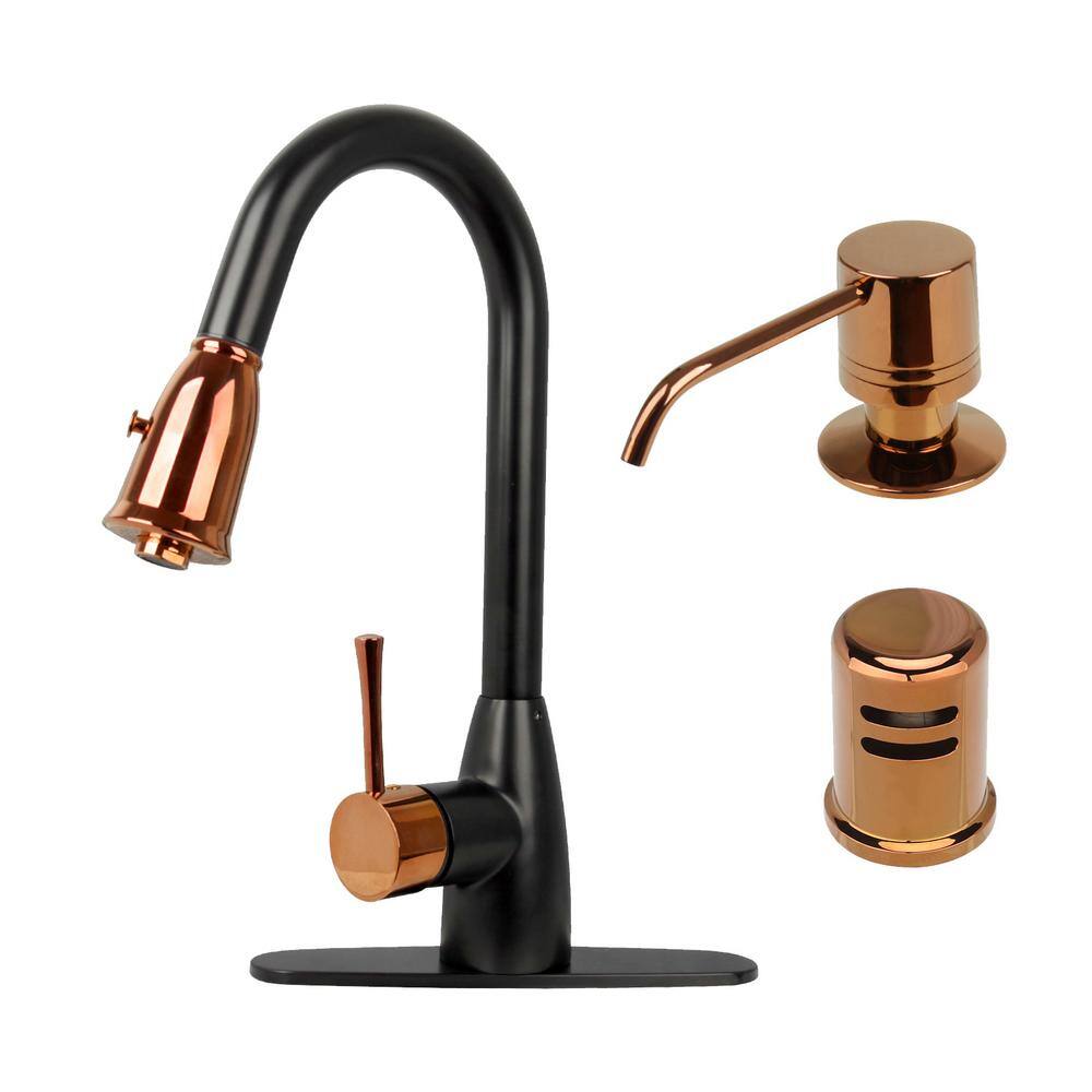 Akicon Two Tone Single Handle Deck Mount Pull Down Sprayer Kitchen Faucet with Deckplate and Soap Dispenser and Air Gap AK96455BLRG-SDA