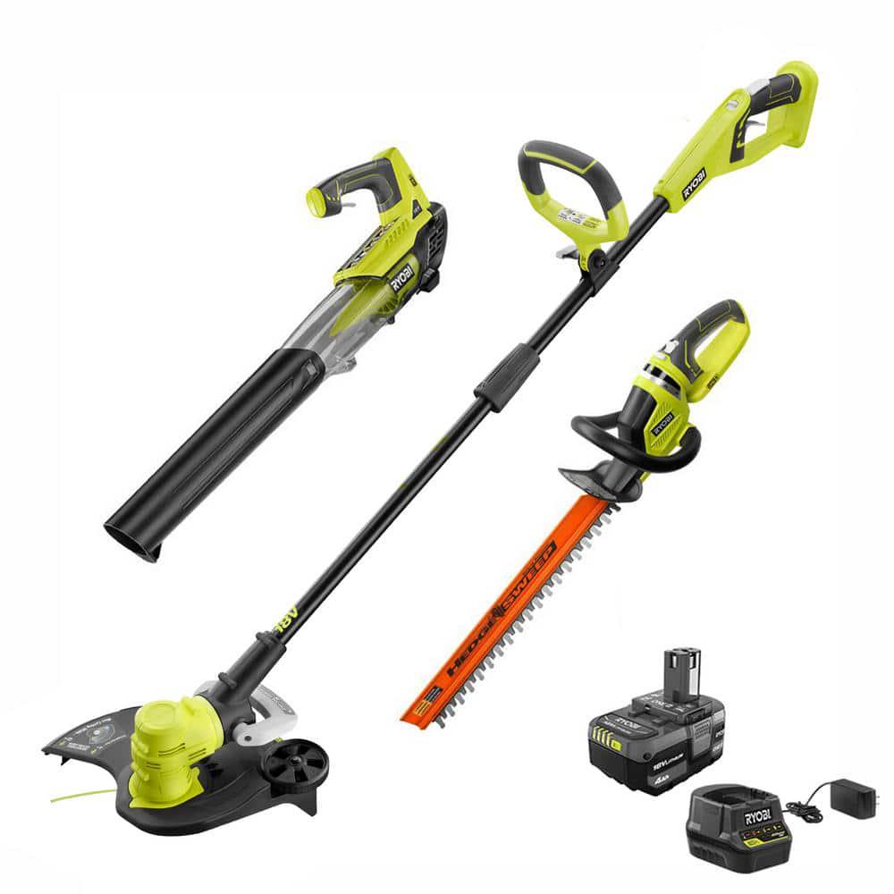 RYOBI ONE 18V 13 in Cordless Battery String Trimmer Blower and Hedge Trimmer Combo Kit with 40 Ah Battery and Charger