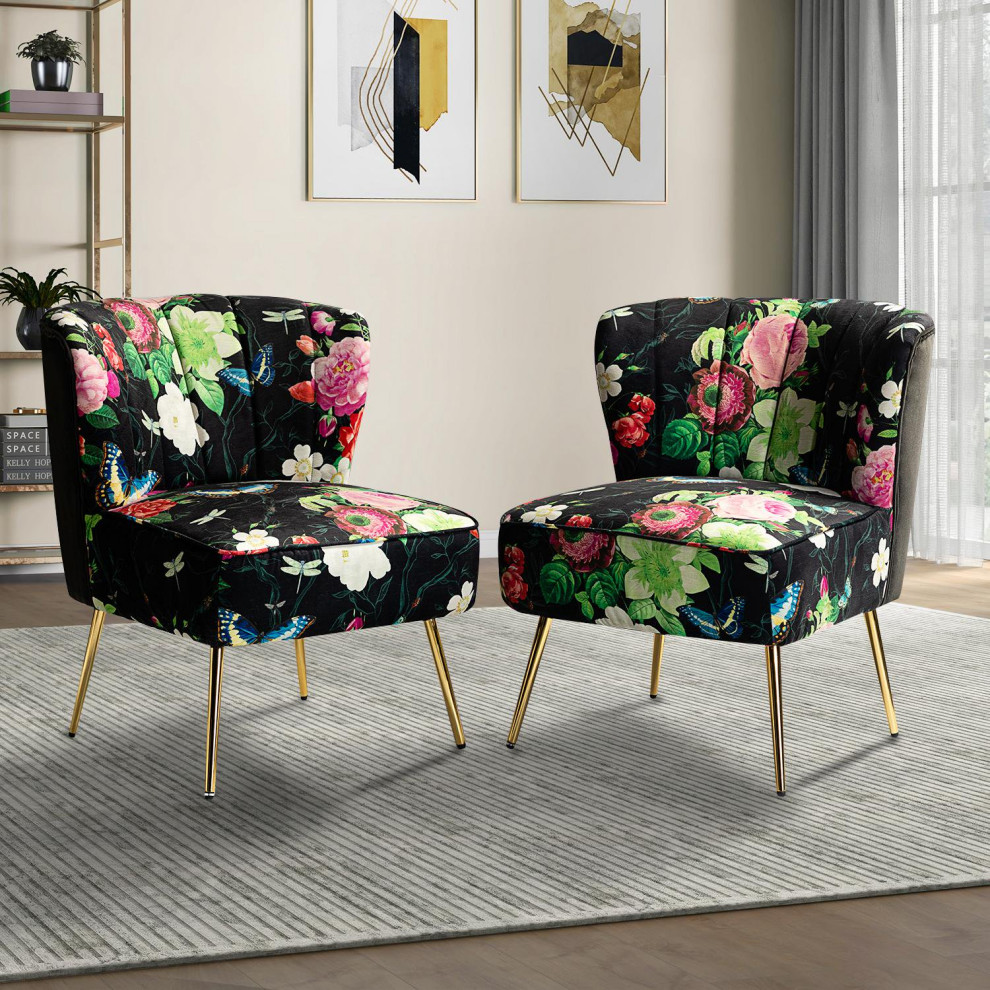 Set of 2 Accent Chair  Wide Seat  ampCurved Back With Floral Upholstery   Midcentury   Armchairs And Accent Chairs   by Decor Love  Houzz