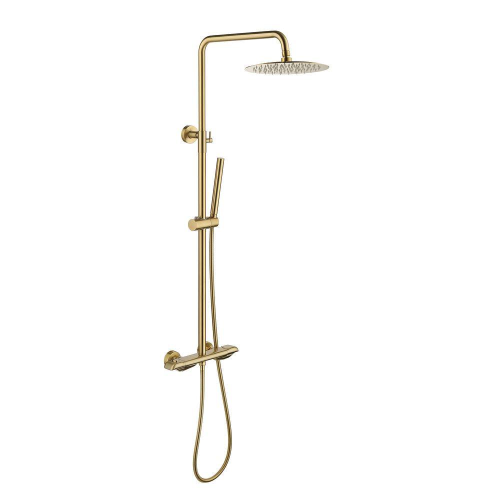 Tomfaucet Luxury Thermostatic 2-Spray Multi-function  Wall Bar Shower Kit with Hand Shower in Brushed Gold TFB0844BG