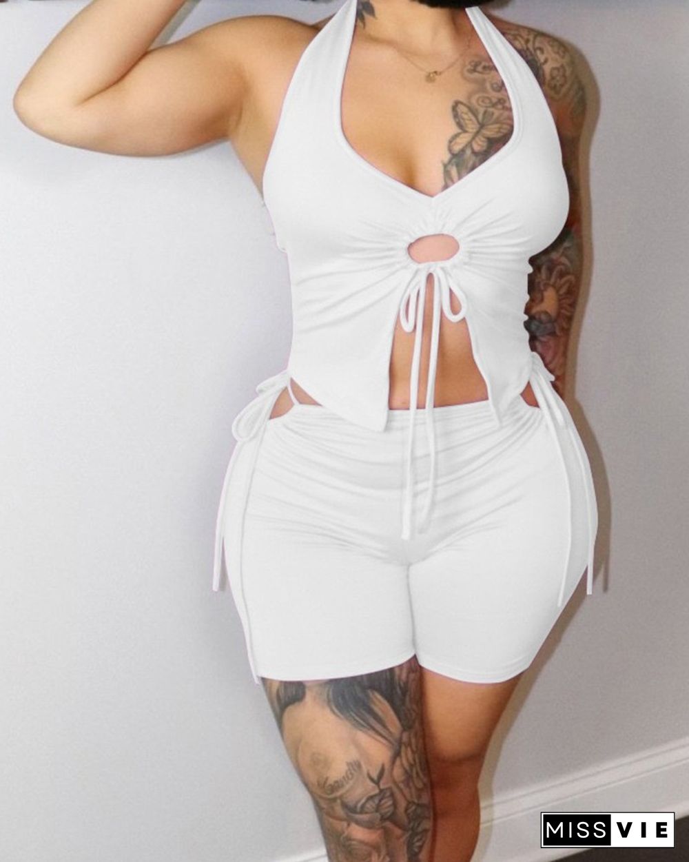 Solid Color Lace-up Crop Top & Shorts Set