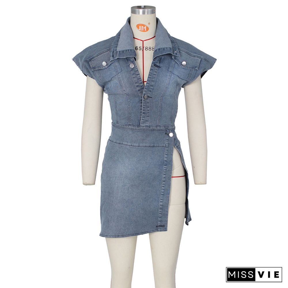 Sleeveless Short Top with Split Skirt Denim Suit