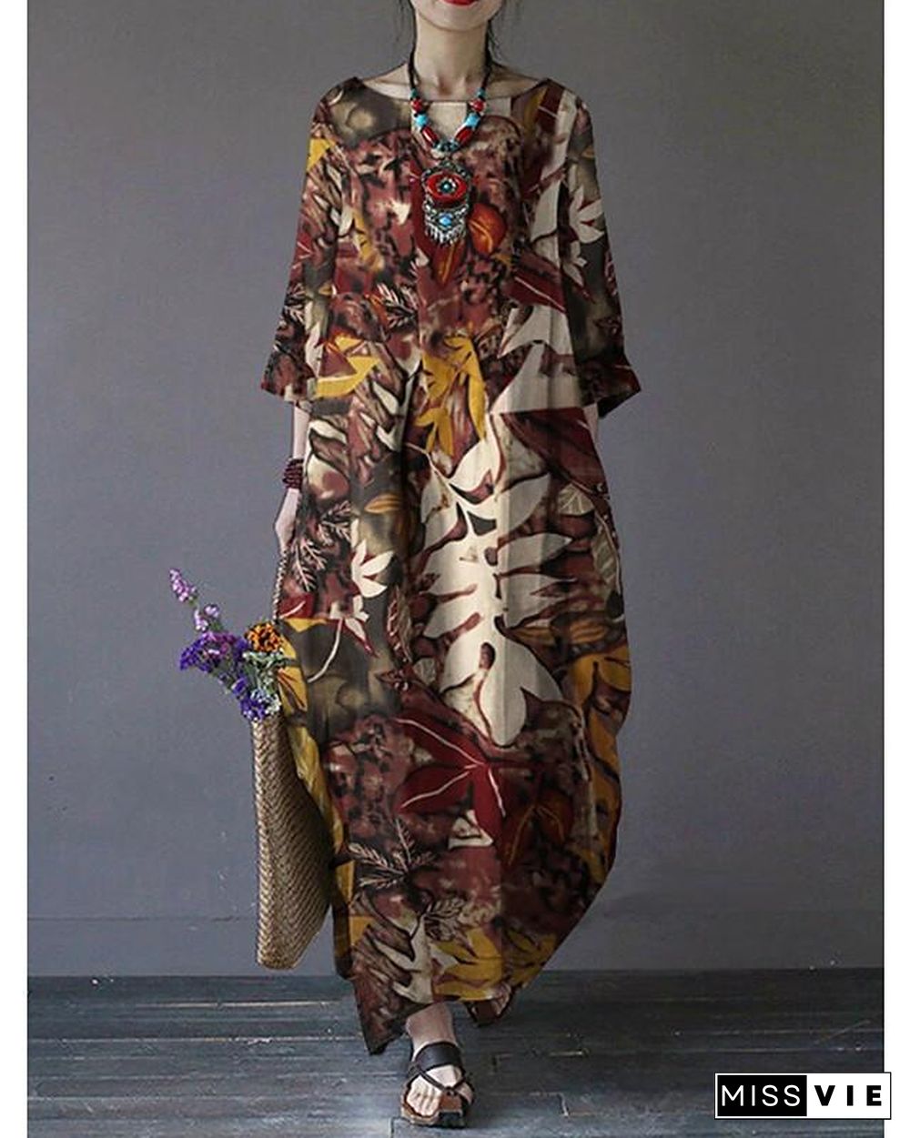 Women's Swing Dress Maxi long Dress 3/4 Length Sleeve Print Print Fall Hot Vintage Chinoiserie Cotton Red Green Brown M L XL XXL 3XL 4XL 5XL